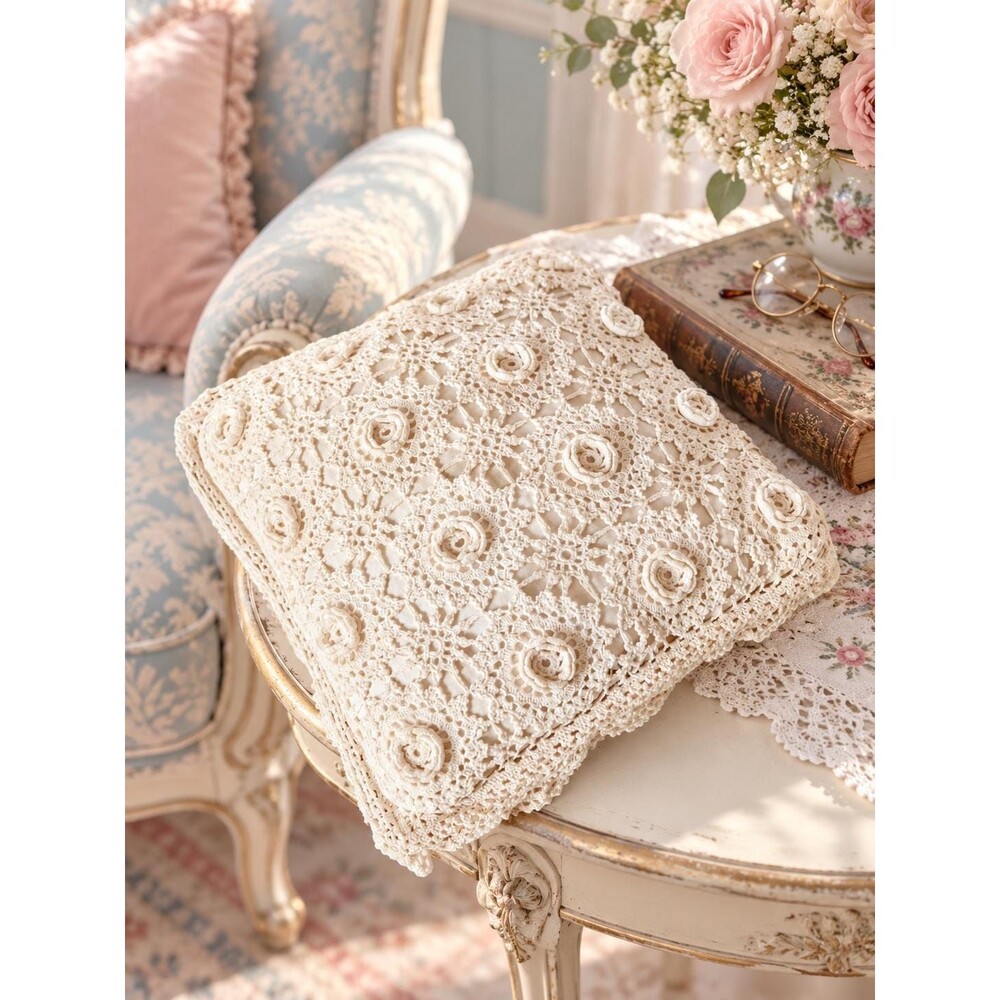 Vintage Ivory Crochet Rose Throw Pillow 12x12 – Victorian Cottagecore